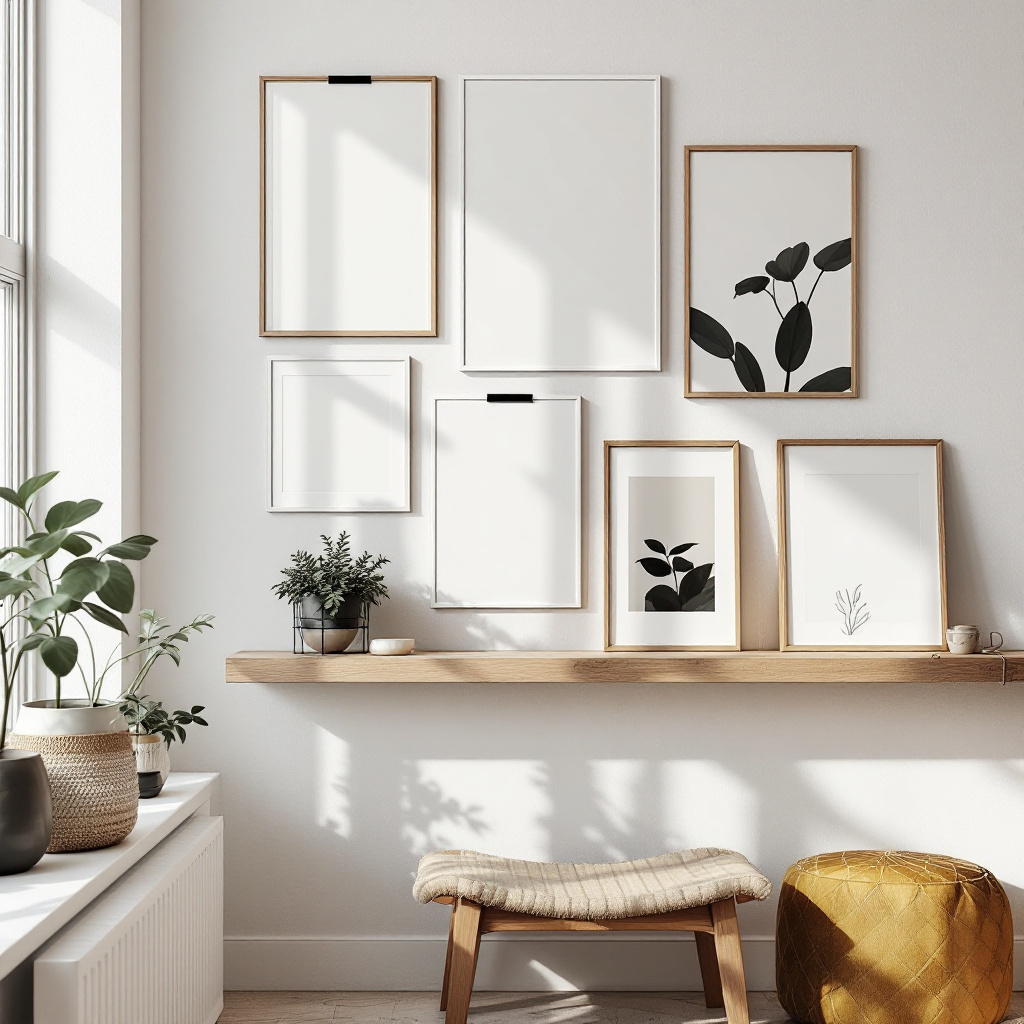 Bilder aufhängen ohne bohren an einer hellen Wohnzimmerwand mit Klebehaken und Bilderleiste