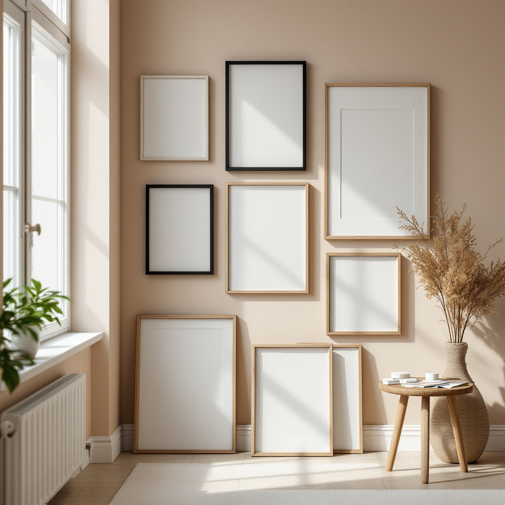 Bilderrahmen Farbe passend zur Wand wählen: verschiedene Rahmen vor beiger Wand