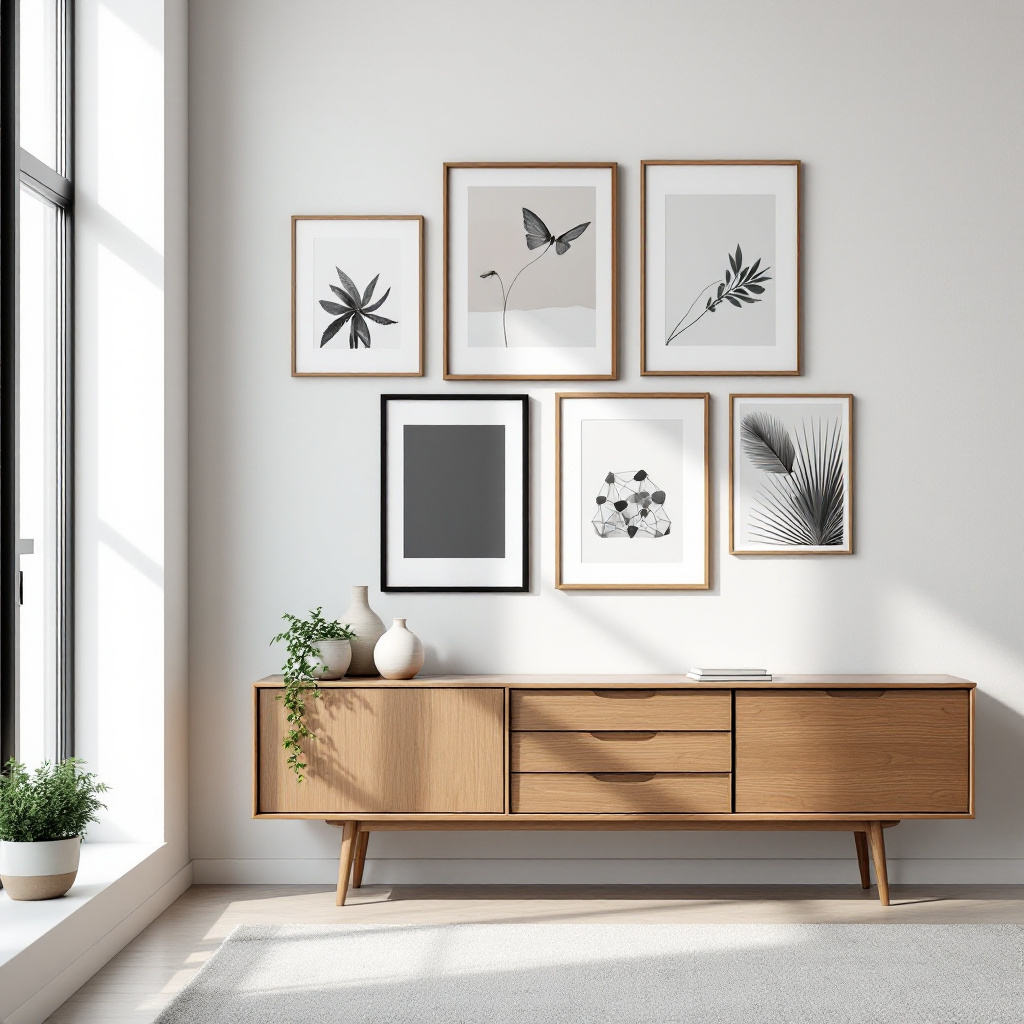Bilderwand Anordnung Ideen Wohnzimmer mit gerahmten Kunstdrucken über einem Sideboard