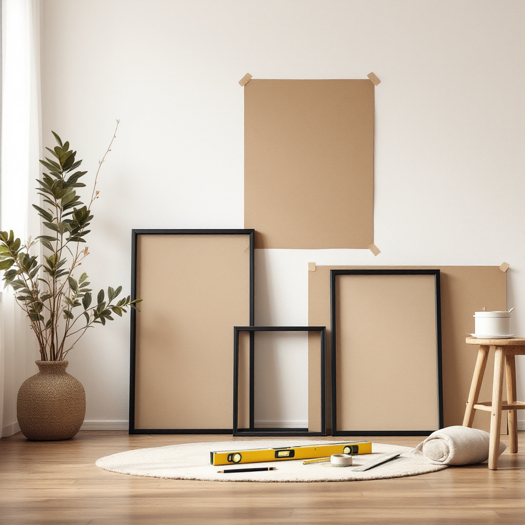 Bilderwand richtig planen Anleitung mit Papierschablonen und Werkzeug an einer Wand