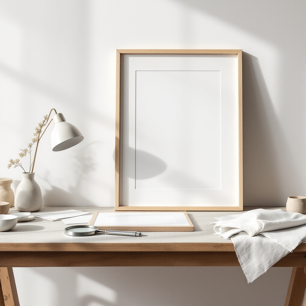 Kunstdrucke von Originalen unterscheiden mit Lupe, signiertem Druck und Leinwandbild auf einem Atelier-Tisch