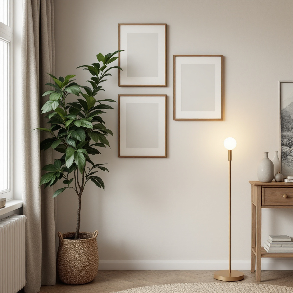 Leere Ecke im Wohnzimmer dekorieren mit Bilderwand, Pflanze und Stehlampe